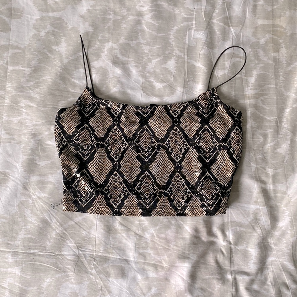 Lined snakeskin sequin crop top